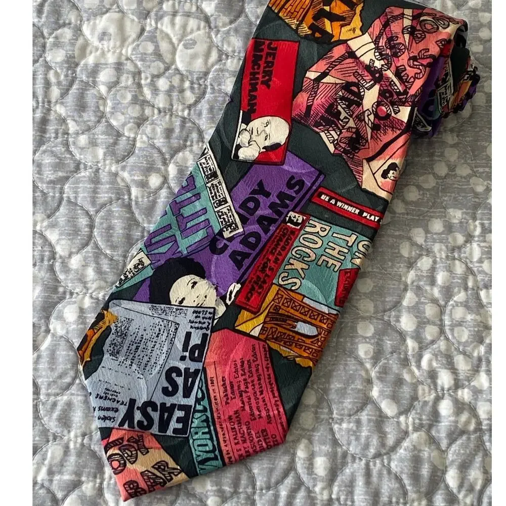 Nicole Miller Vintage 1991 HAND-SIGNED Silk Tie 80s New York Post Headlines 58x4